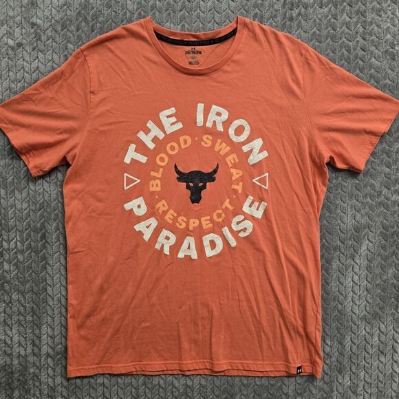 Under Armour Project Rock Mens 2XL Iron Paradise Circle BSR T-Shirt Pink Coral - Picture 1 of 10